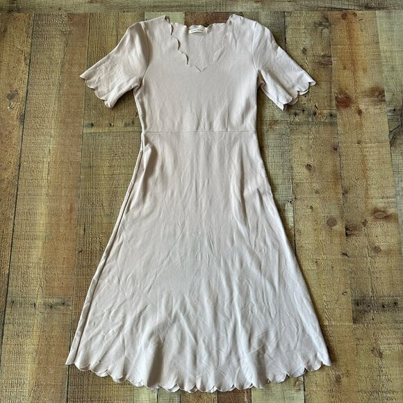 Jessakae Women's Blush Pink Short Sleeve Midi Fit and Flare Dress Scallop Detail - Picture 1 of 8